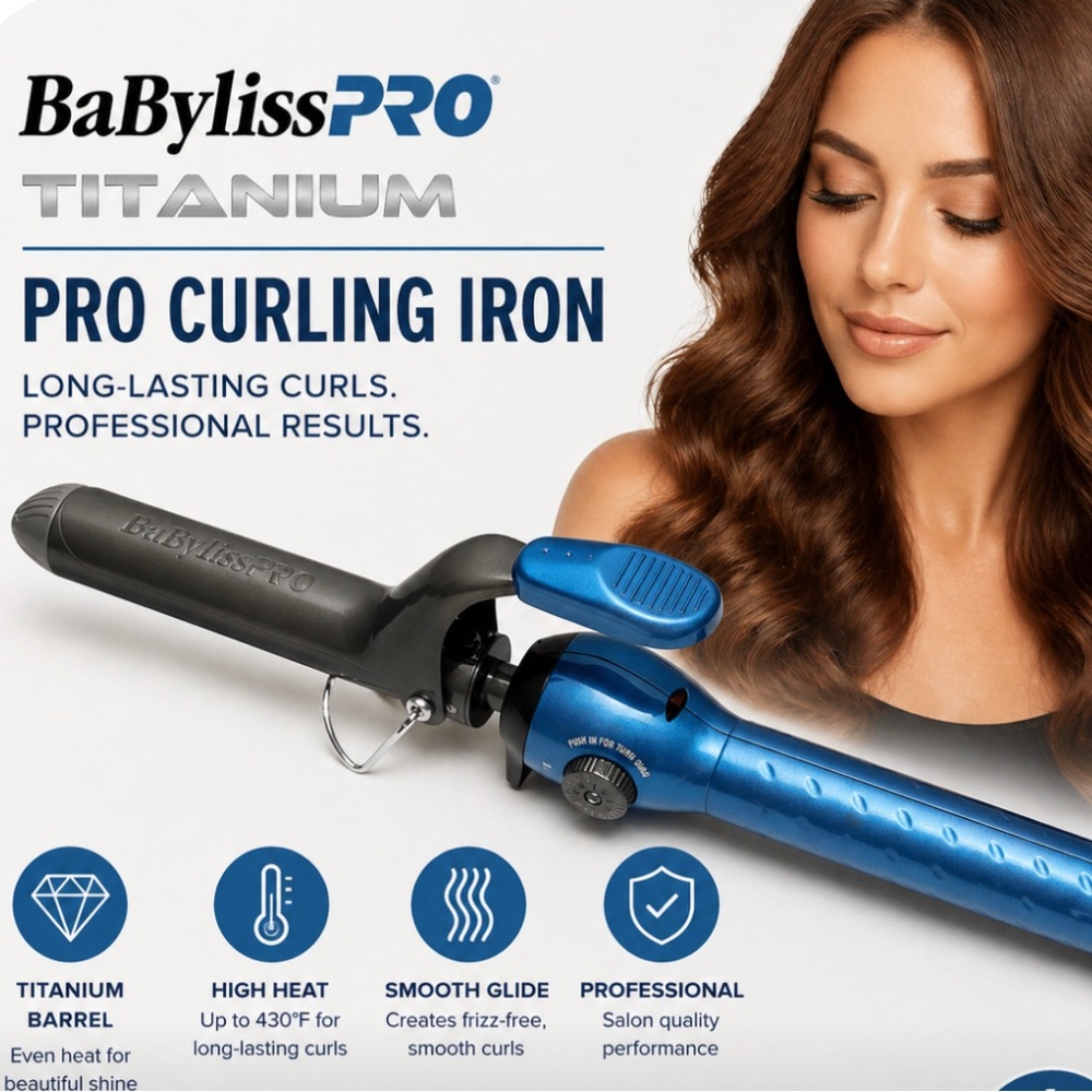 BABYLISS PRO Nano Titanium Blue Spring Curling Iron 1 1/4” Salon Professional